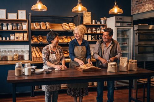 Equipo de una panadería familiar trabajando tras el mostrador
