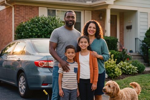 Familia frente a su casa junto a su auto