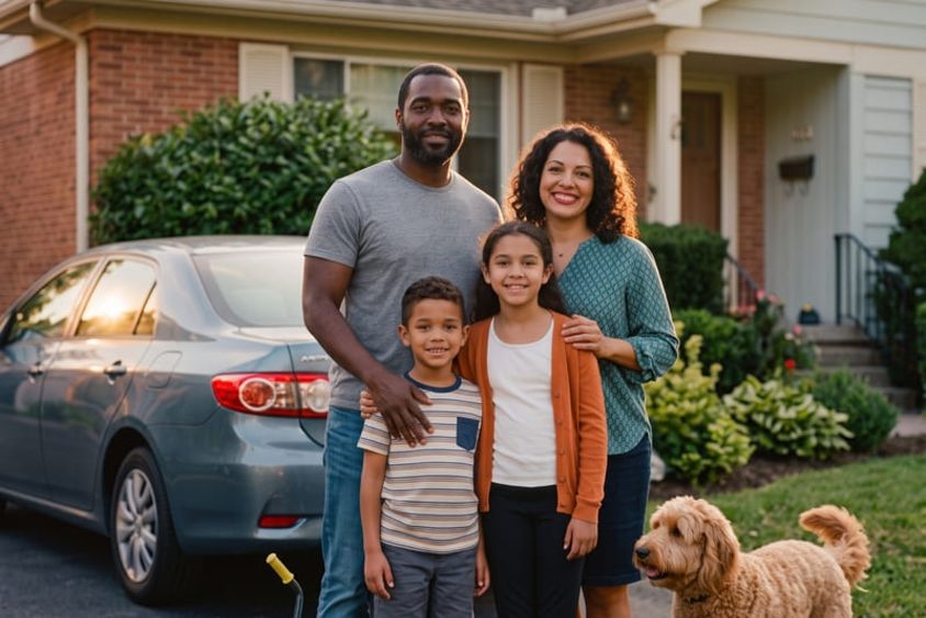 Familia frente a su casa junto a su auto