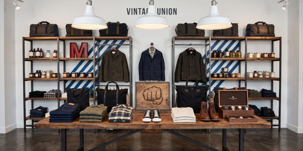 Interior de una tienda de ropa y accesorios para hombres de estilo vintage, con estanterías de metal y madera repletas de bolsas de viaje, frascos de botica y chaquetas colgadas. En primer plano, una gran mesa de madera muestra pilas de ropa doblada, zapatos, botas y una caja de presentación de relojes. Sobre la pared del fondo, se lee el letrero "VINTA UNION". Tres grandes lámparas industriales cuelgan del techo iluminando la escena.