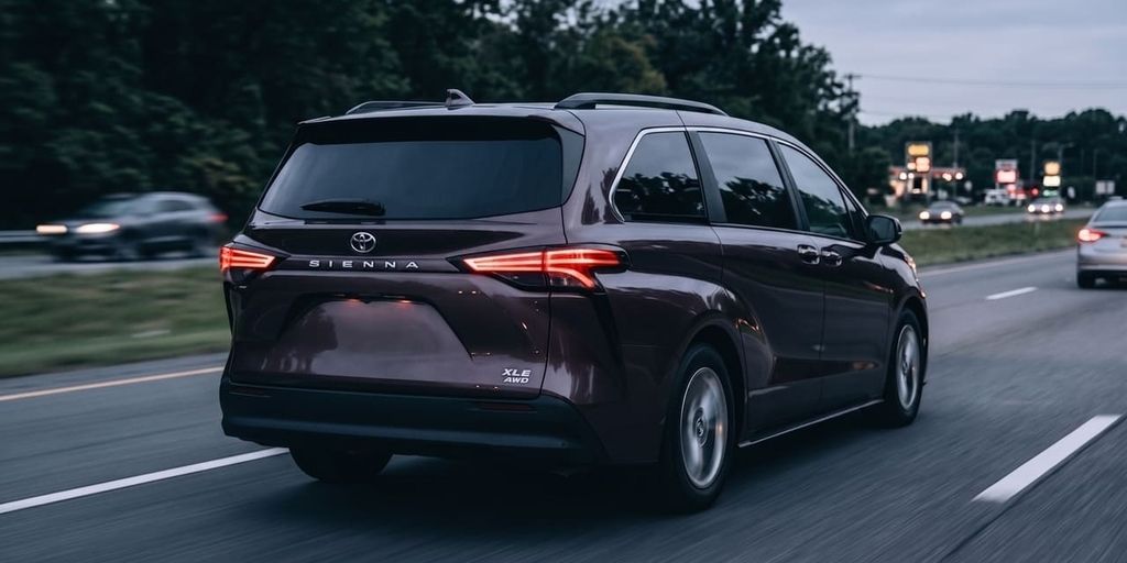Minivan Toyota Sienna color marrón oscuro en movimiento sobre una autopista al atardecer, vista tres cuartos trasera sin placa de matrícula.