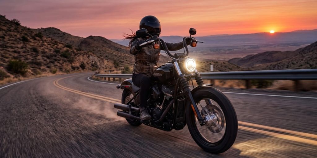 Una motociclista con casco integral negro y chaleco de cuero desgastado conduce una motocicleta cruiser negra personalizada por una carretera de montaña desértica