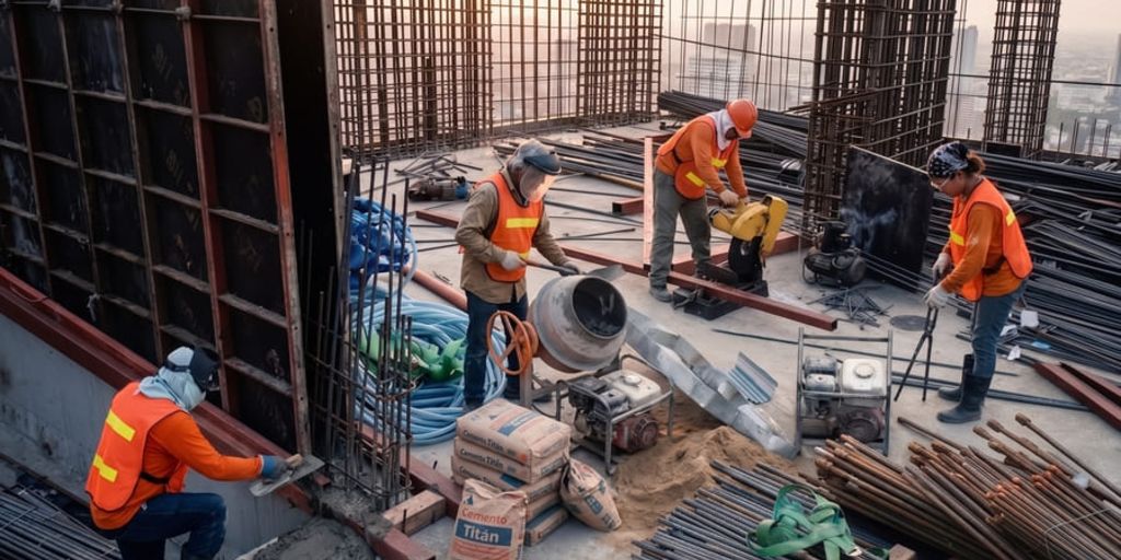 Cuatro trabajadores de la construcción con chalecos de seguridad naranjas trabajan en el último piso de un rascacielos al atardecer.