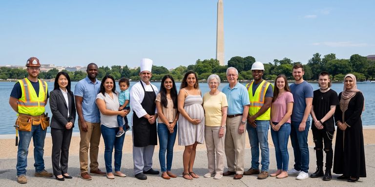Grupo diverso y multicultural de personas y trabajadores posando en fila frente al Monumento a Washington.
