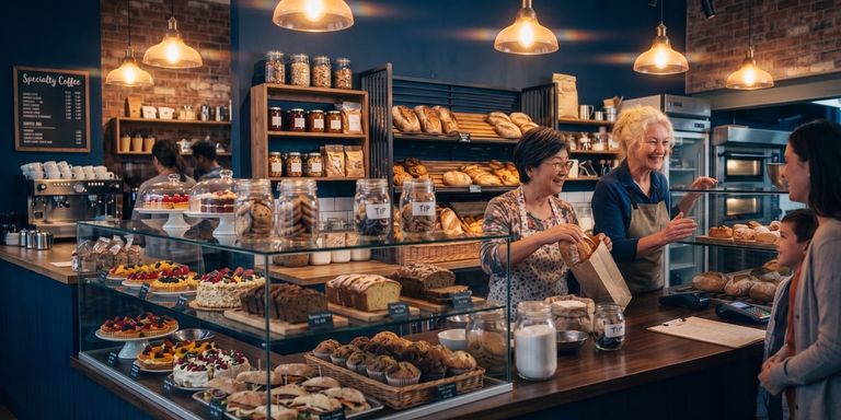 Una acogedora cafetería artesanal con personal atendiendo a clientes. Mostradores de cristal llenos de pasteles, sándwiches y pan artesanal. Paredes azul marino, detalles de ladrillo, iluminación cálida y menús escritos en español.