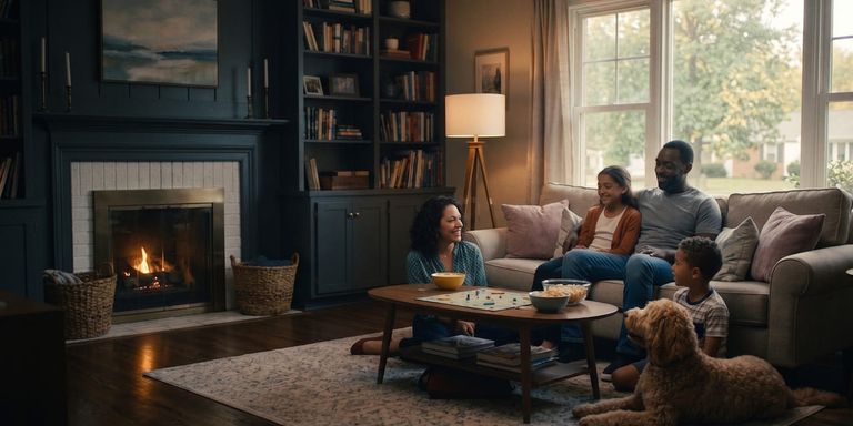 Familia compartiendo momentos en la sala de su hogar junto a la chimenea.